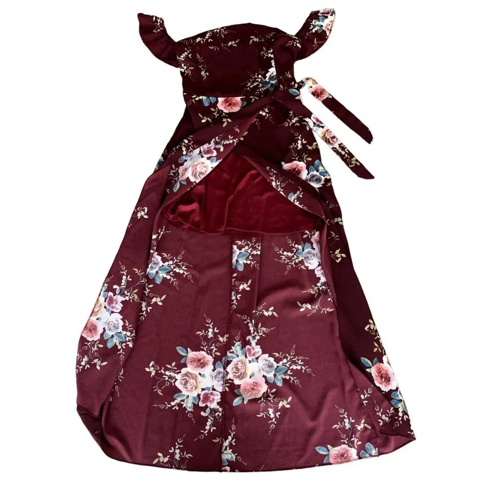 Womens Floral Print Maxi Dress With Ruffle Sleeves & Waist Tie Burgundy Small - Picture 10 of 10